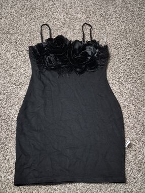 Black Floral Appliqué Spaghetti Strap Mini Dress